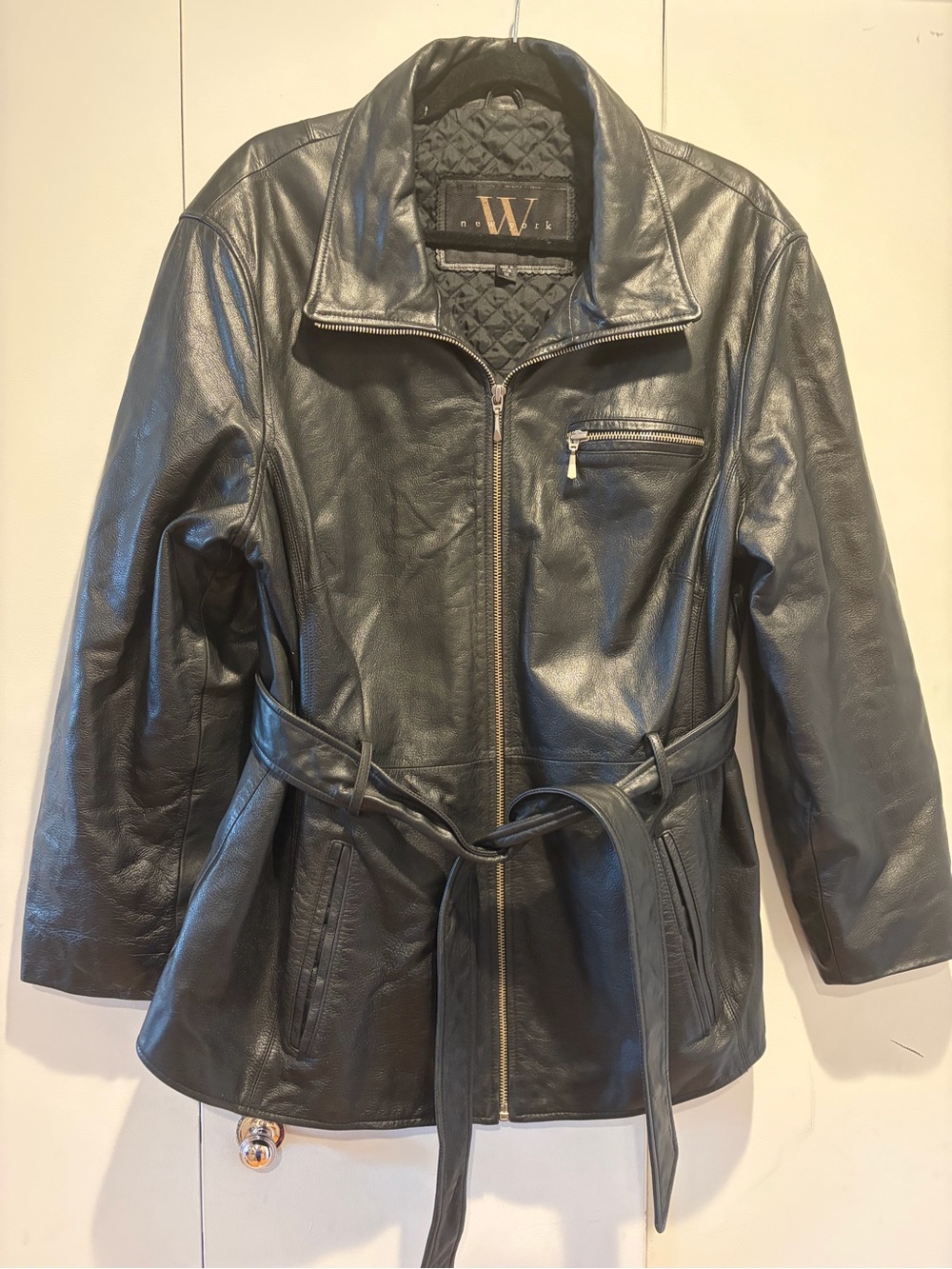 New York By Winlit 100% Genuine Leather Women Black Jacket Belted Short Trench